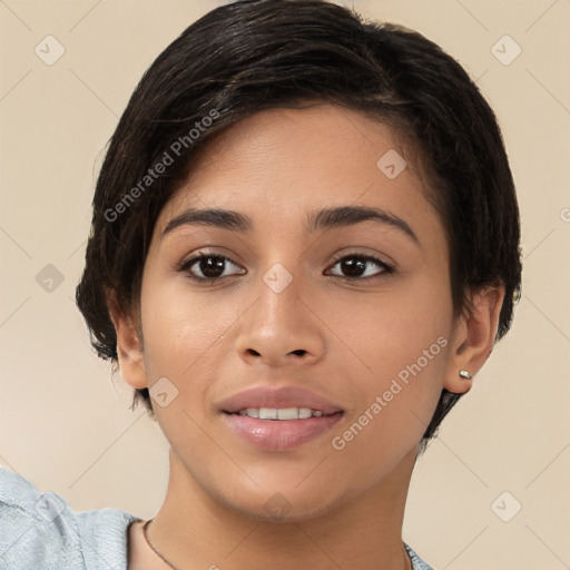 Joyful white young-adult female with short  brown hair and brown eyes