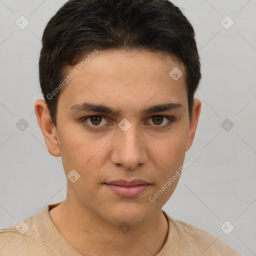 Neutral white young-adult male with short  brown hair and brown eyes