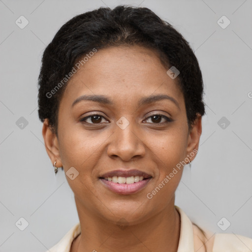 Joyful latino young-adult female with short  brown hair and brown eyes