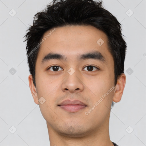 Neutral asian young-adult male with short  black hair and brown eyes