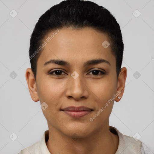 Joyful latino young-adult female with short  black hair and brown eyes