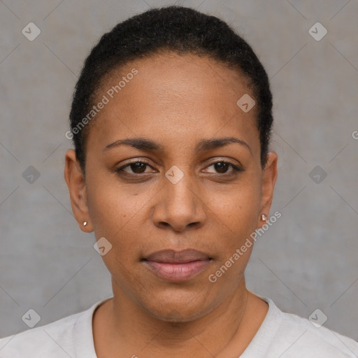 Neutral black young-adult female with short  black hair and brown eyes