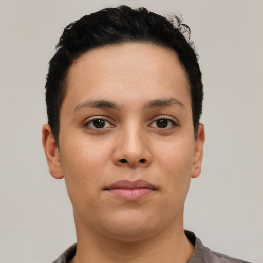 Neutral latino young-adult female with short  brown hair and brown eyes