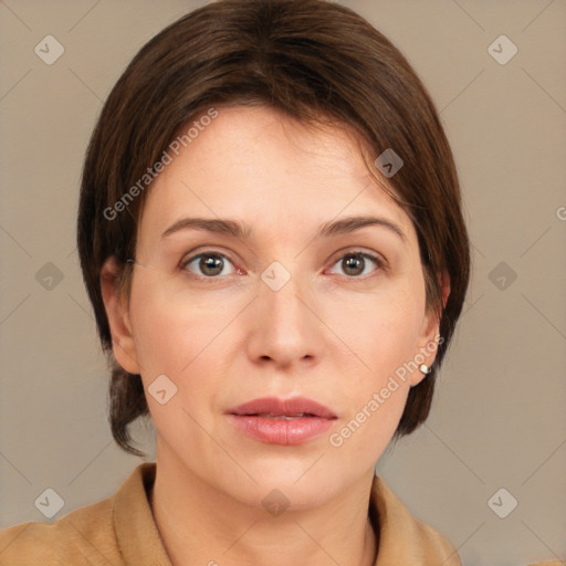 Neutral white young-adult female with medium  brown hair and brown eyes