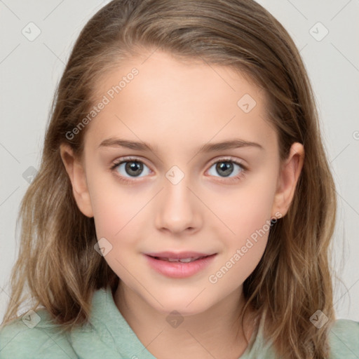 Joyful white child female with medium  brown hair and brown eyes