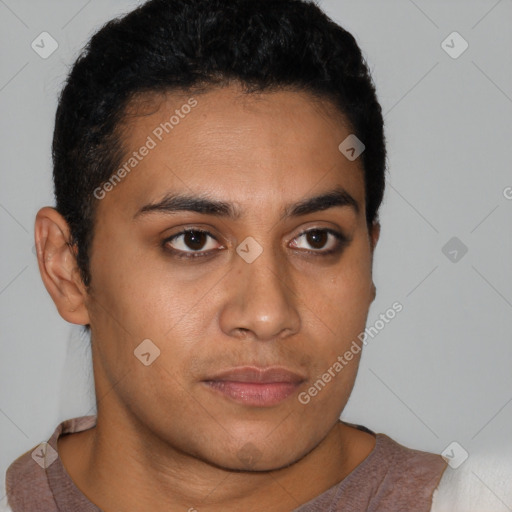 Neutral latino young-adult male with short  black hair and brown eyes