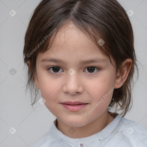 Joyful white child female with medium  brown hair and brown eyes