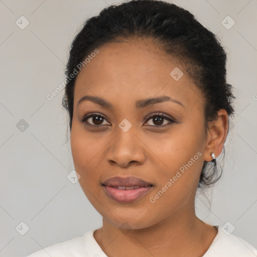 Joyful latino young-adult female with medium  black hair and brown eyes