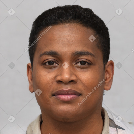 Joyful black young-adult male with short  brown hair and brown eyes
