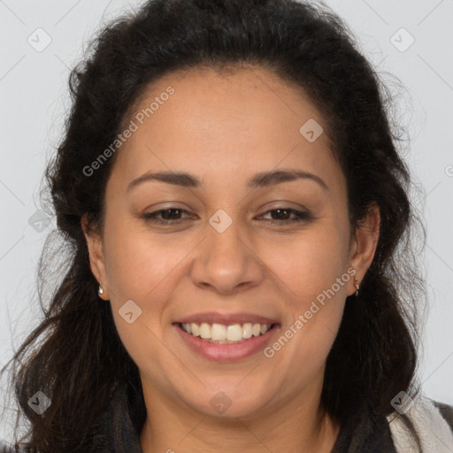 Joyful white adult female with long  brown hair and brown eyes