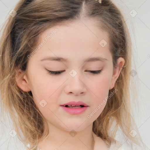 Joyful white child female with medium  brown hair and brown eyes