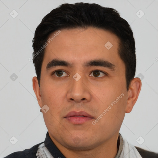 Neutral asian young-adult male with short  black hair and brown eyes