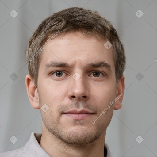 Neutral white young-adult male with short  brown hair and grey eyes