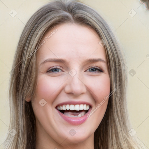 Joyful white young-adult female with long  brown hair and grey eyes