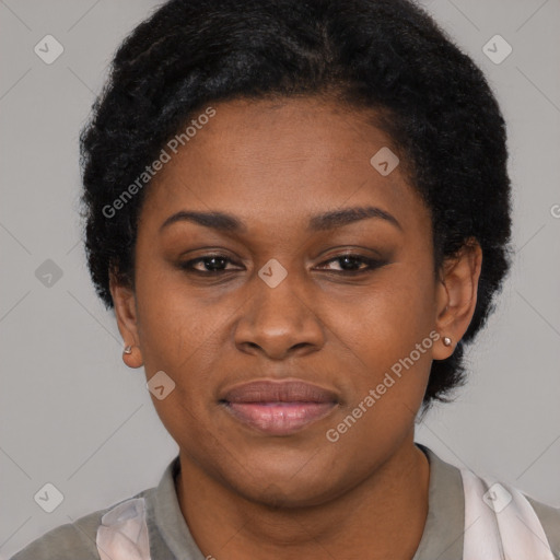 Joyful latino young-adult female with short  black hair and brown eyes