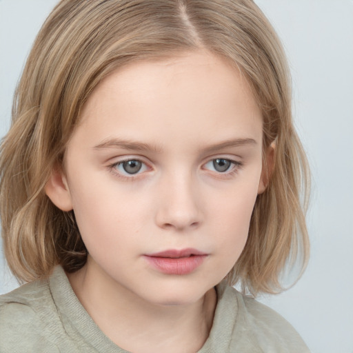 Neutral white child female with medium  brown hair and grey eyes