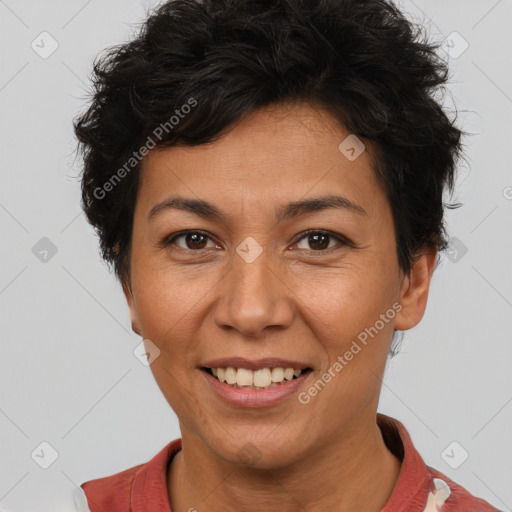 Joyful white adult female with short  brown hair and brown eyes