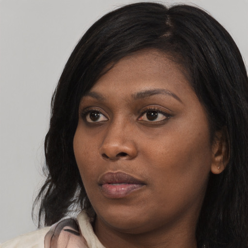 Neutral asian young-adult female with long  black hair and brown eyes