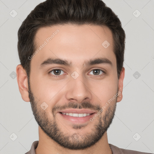 Joyful white young-adult male with short  brown hair and brown eyes