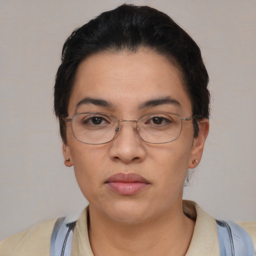 Joyful white young-adult female with short  black hair and brown eyes