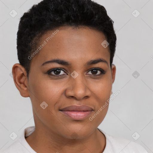 Joyful latino young-adult female with short  brown hair and brown eyes