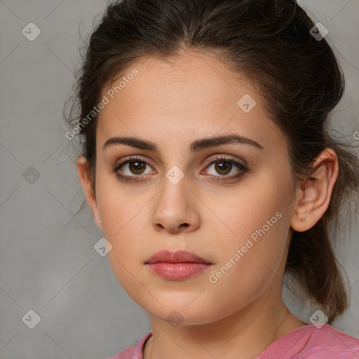 Neutral white young-adult female with medium  brown hair and brown eyes