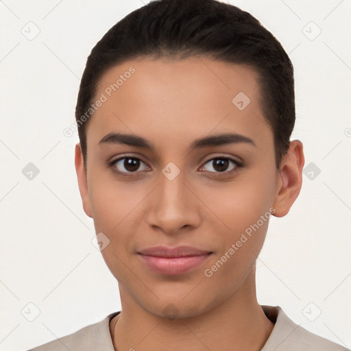 Joyful latino young-adult female with short  brown hair and brown eyes