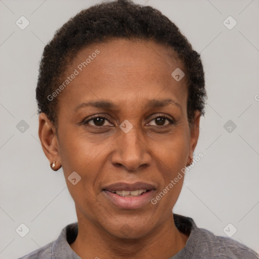 Joyful latino adult female with short  brown hair and brown eyes