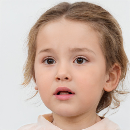 Neutral white child female with medium  brown hair and blue eyes