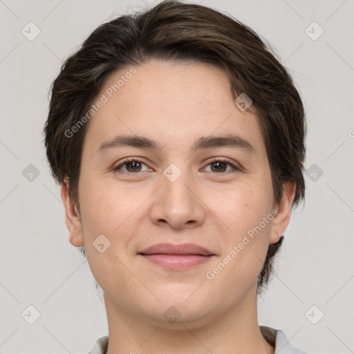 Joyful white young-adult female with short  brown hair and brown eyes