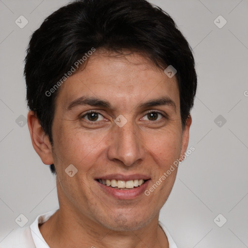 Joyful white adult male with short  brown hair and brown eyes