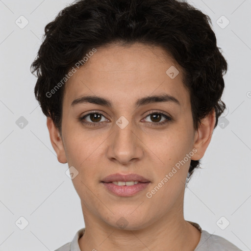 Joyful white young-adult female with short  brown hair and brown eyes