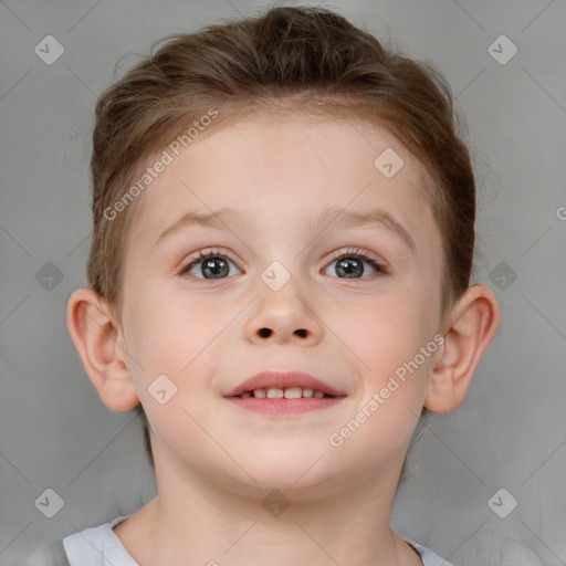 Joyful white child female with medium  brown hair and brown eyes