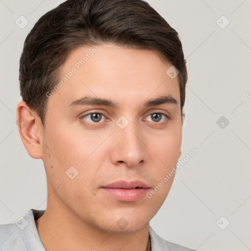 Neutral white young-adult male with short  brown hair and brown eyes