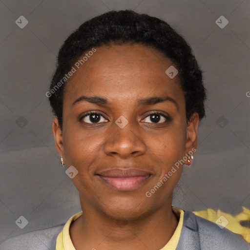 Joyful black young-adult female with short  black hair and brown eyes