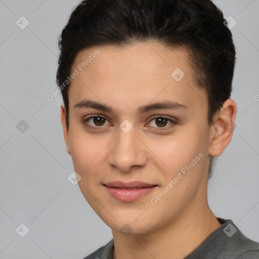 Joyful white young-adult female with short  brown hair and brown eyes