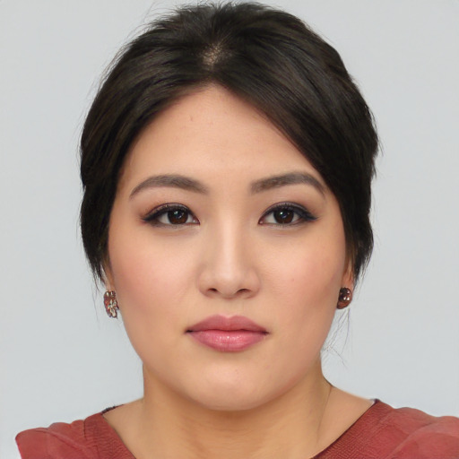 Neutral asian young-adult female with medium  black hair and brown eyes
