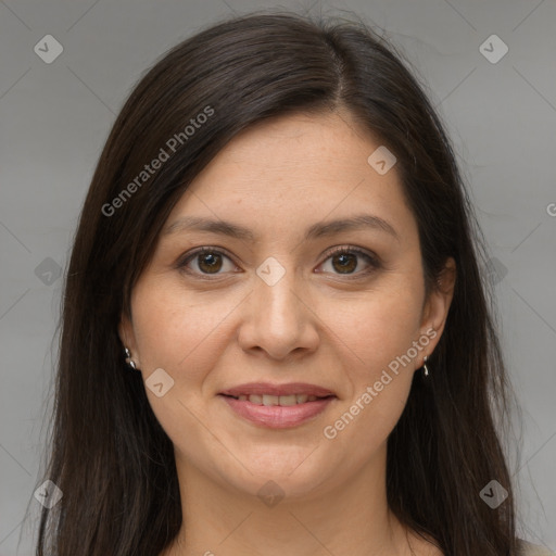 Joyful white young-adult female with long  brown hair and brown eyes