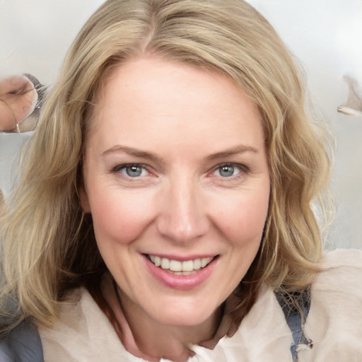 Joyful white young-adult female with medium  brown hair and blue eyes