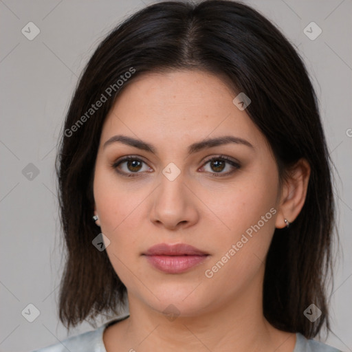 Neutral white young-adult female with medium  brown hair and brown eyes