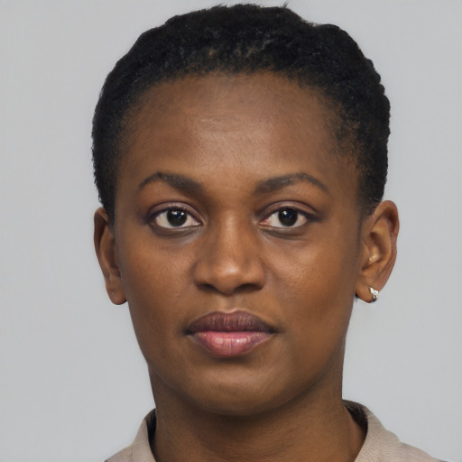 Neutral black young-adult female with short  brown hair and brown eyes