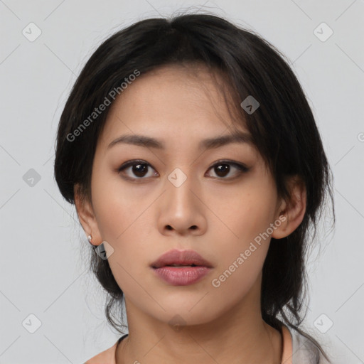 Neutral asian young-adult female with medium  black hair and brown eyes