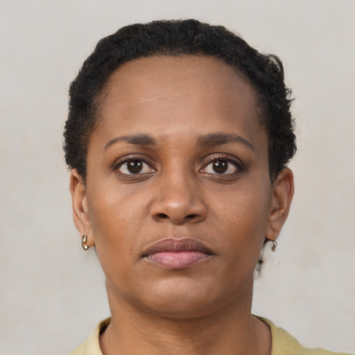 Neutral black young-adult female with short  brown hair and brown eyes
