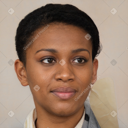 Joyful black young-adult female with short  black hair and brown eyes