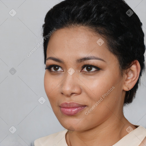 Joyful latino young-adult female with short  black hair and brown eyes