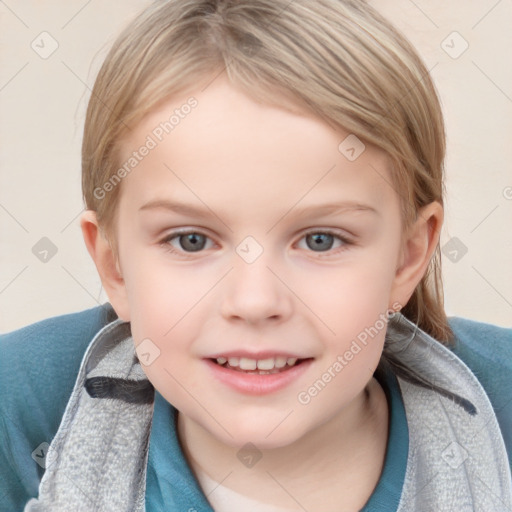 Joyful white child female with medium  brown hair and blue eyes