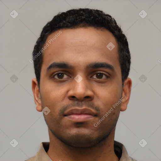 Neutral latino young-adult male with short  black hair and brown eyes