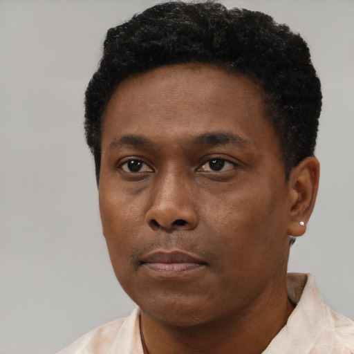 Neutral black young-adult male with short  black hair and brown eyes