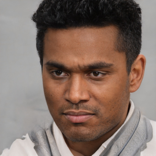 Neutral latino young-adult male with short  black hair and brown eyes