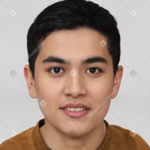 Joyful asian young-adult male with short  black hair and brown eyes